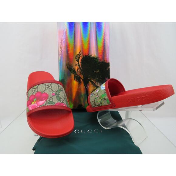 GUCCI 602096 GG SUPREME BLUM RED LEATHER CANVAS FLORAL SANDALS SLIDES 35 US 5 - Picture 1 of 12